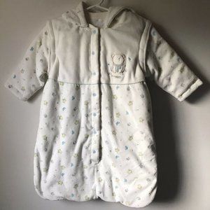 Hooded infant unisex puffer pram white velour snowsuit bunting 9-12 m